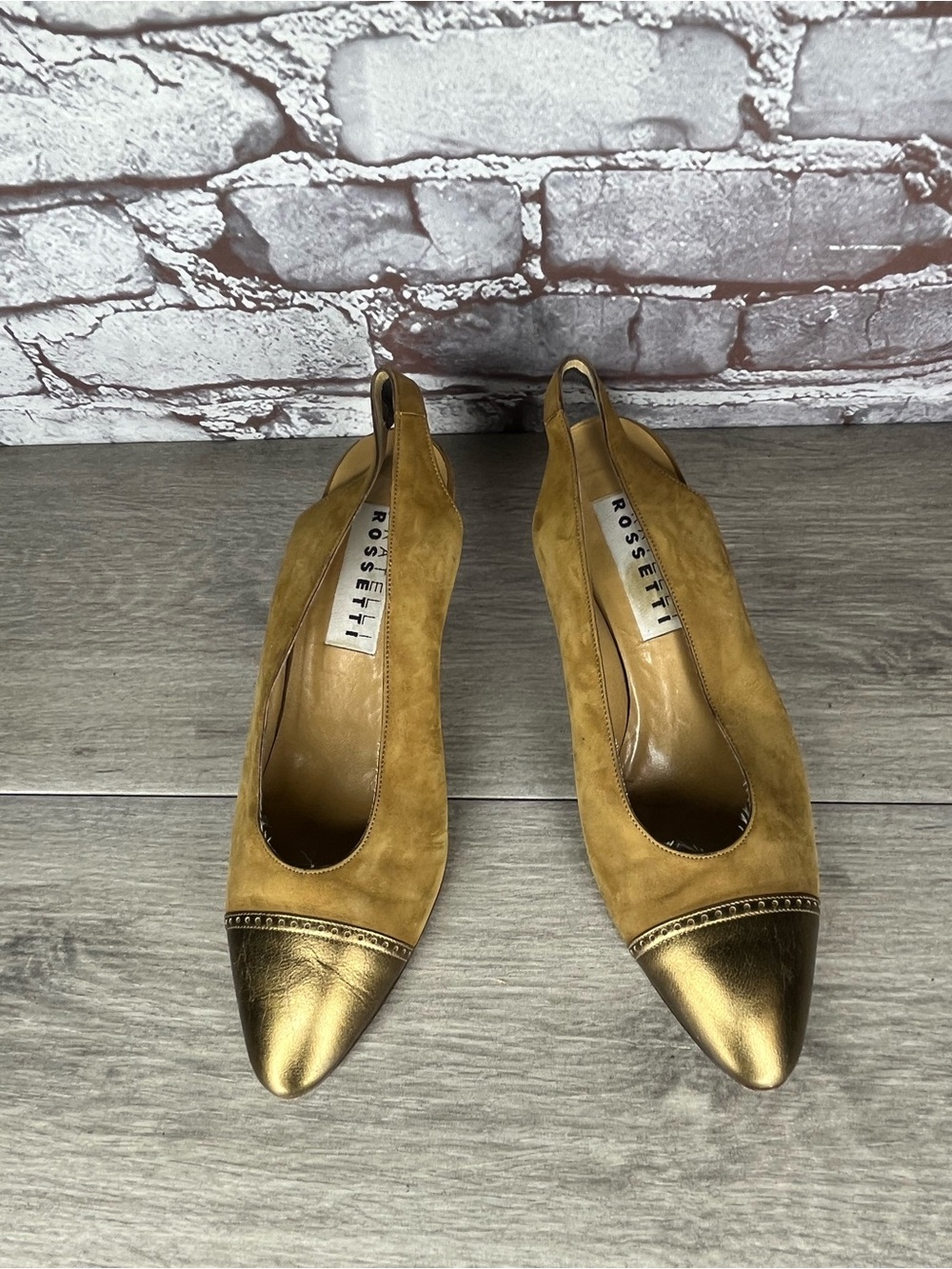Fratelli Rossetti Gold Leather Cap Toe Suede Slingback Heels Women sz 36.5EU/6US